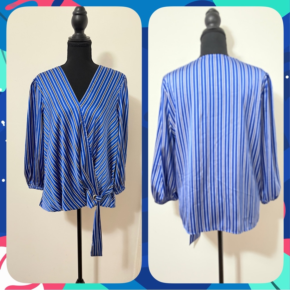 Olivia & Martin Women’s Elegant Blue Striped Wrap 3/4 Sleeve Blouse-size large